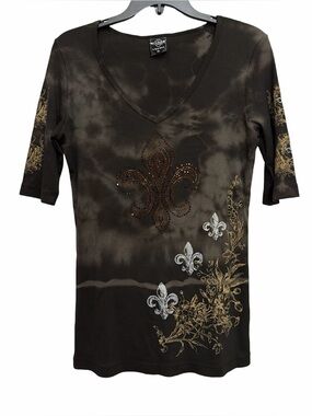 Sledge USA Fleur De Lis Jeweled Half Sleeve Ribbed Top Size XL Grunge Rock